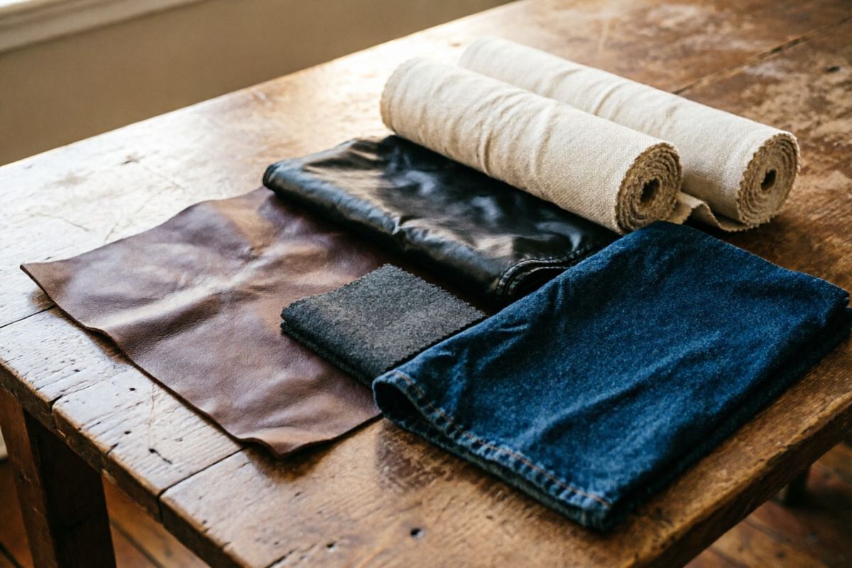 Premium jacket materials including leather denim and nylon