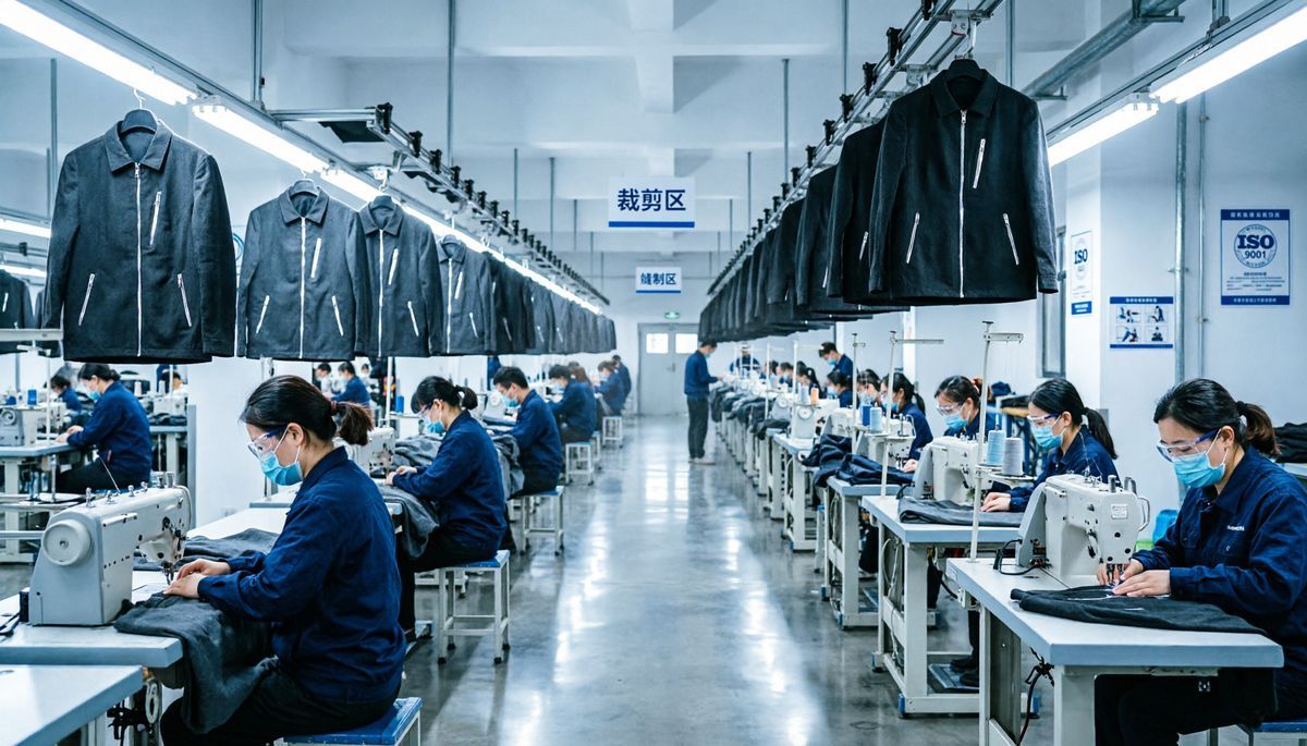 Jacket manufacturing workshop with skilled workers and modern equipment