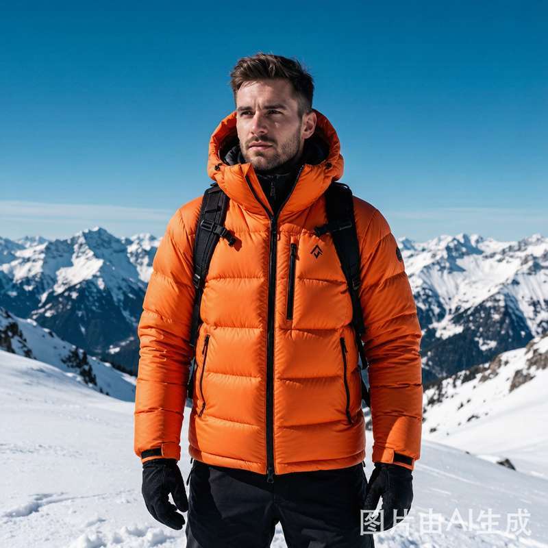 Man wearing puffer down jacket in winter outdoor setting