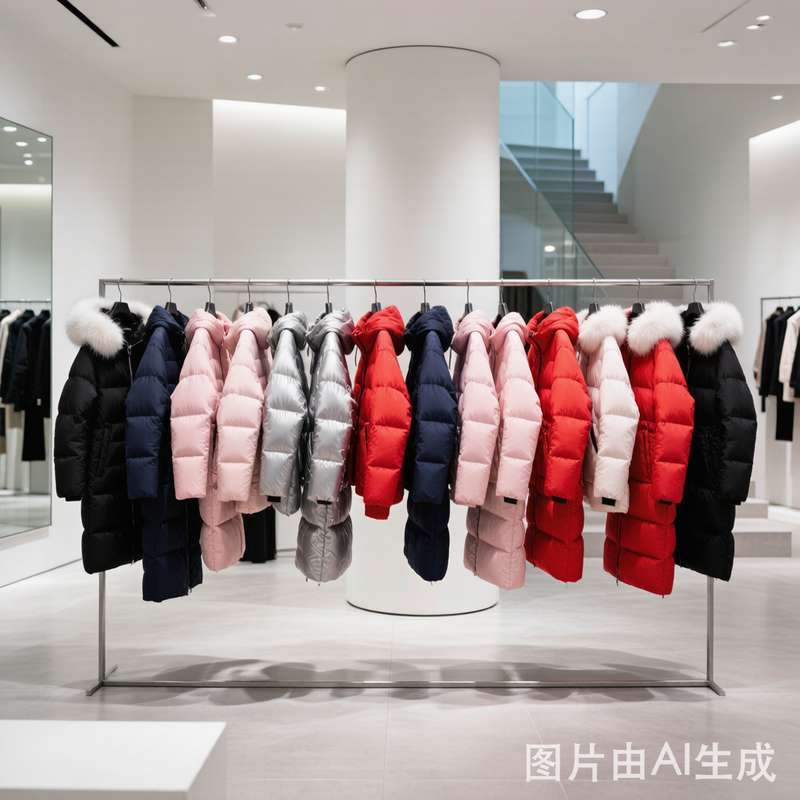 Display rack of colorful puffer jackets in boutique showroom