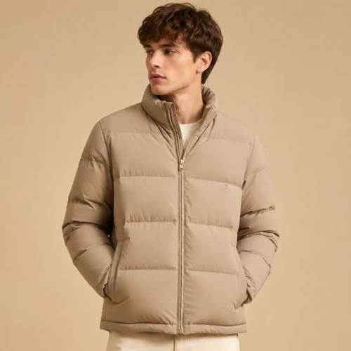 Custom Men's Khaki Puffer Jacket Manufacturer | Quilted Down Jacket Factory | Ginwenwear