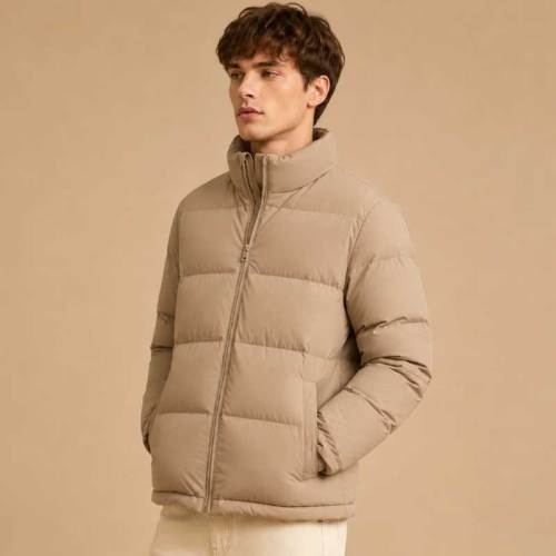 Custom Men's Khaki Puffer Jacket Manufacturer | Quilted Down Jacket Factory | Ginwenwear