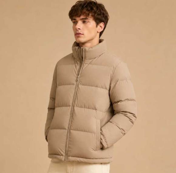 Custom Men's Khaki Puffer Jacket Manufacturer | Quilted Down Jacket Factory | Ginwenwear