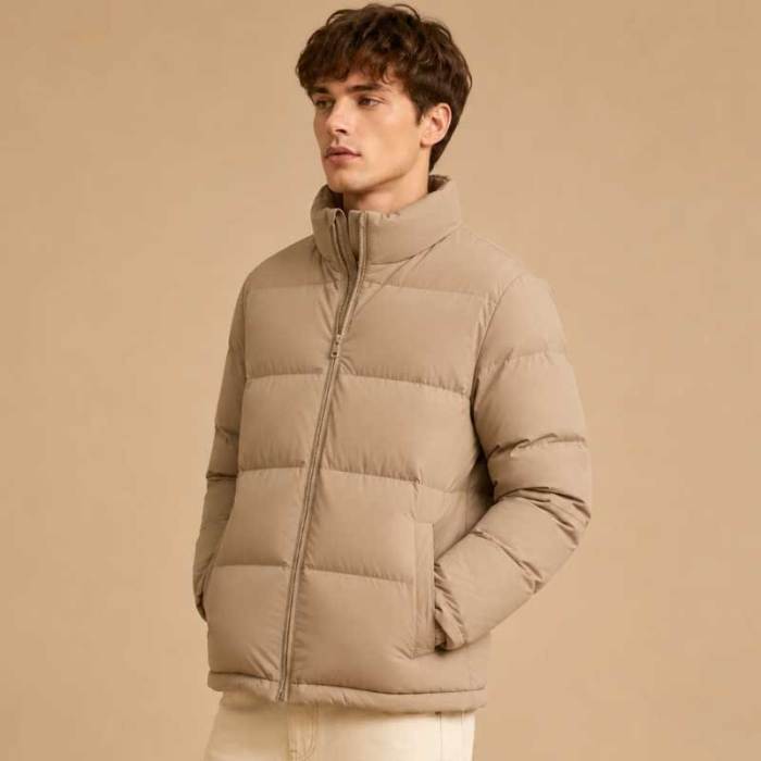 Custom Men's Khaki Puffer Jacket Manufacturer | Quilted Down Jacket Factory | Ginwenwear