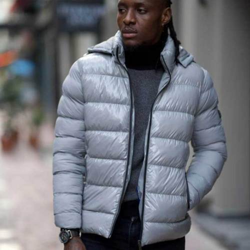Custom Men's Hooded Glossy Puffer Jacket Manufacturer | Silver Metallic Down Jacket Factory | GinwenWear