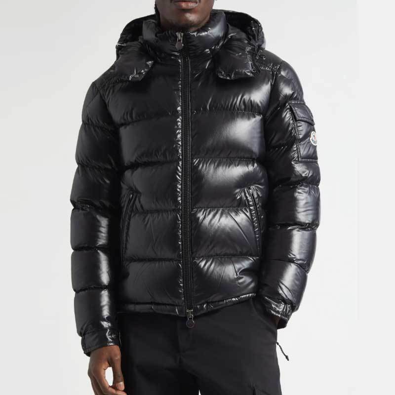 Custom Men's Glossy Black Hooded Puffer Jacket Manufacturer
