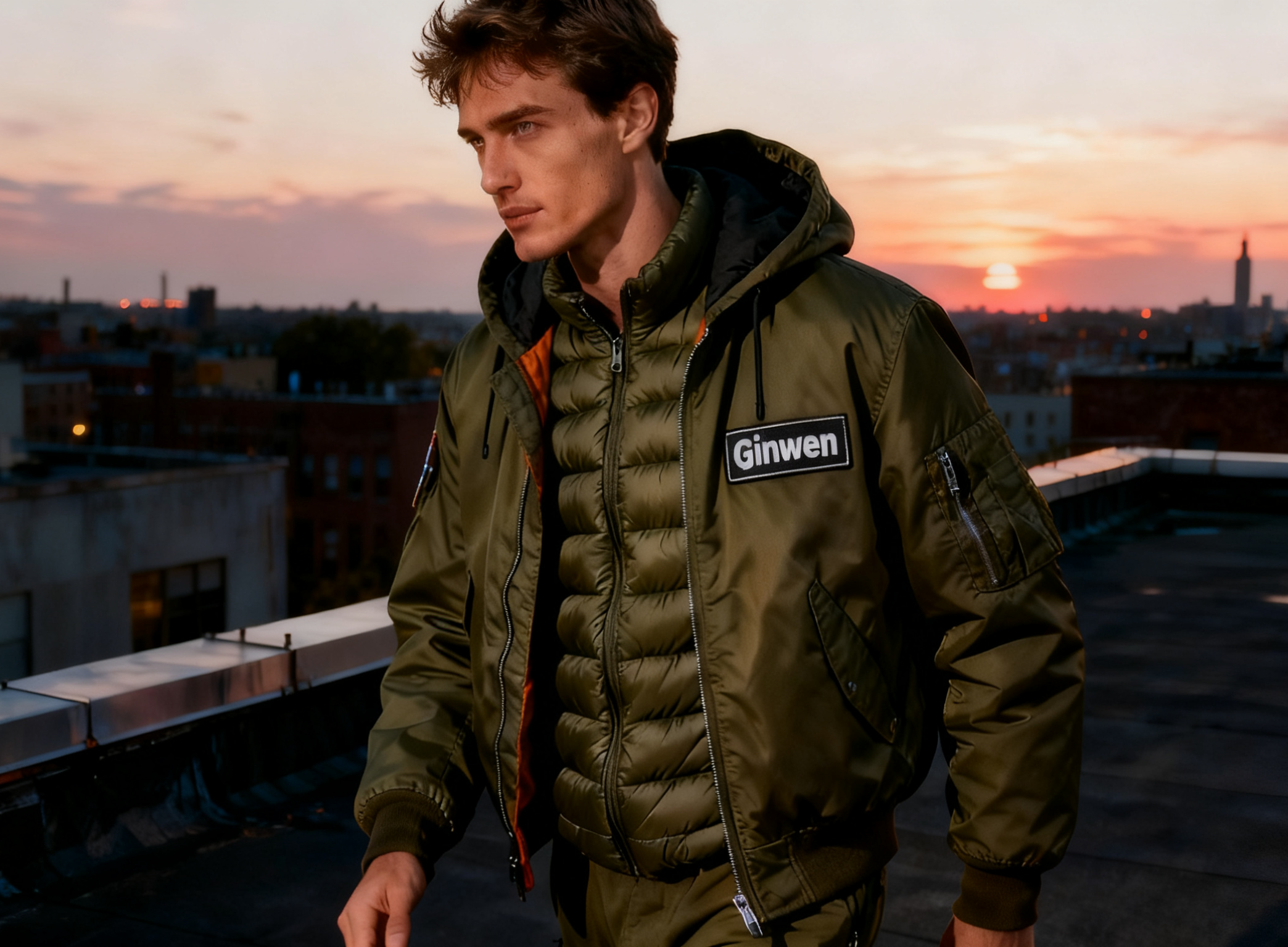 Model wearing a hooded flight jacket in military-olive nylon shell, detachable hood, down-filled and branded patch on chest, urban rooftop dusk light
