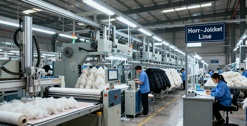 Factory floor showing automated cutting, down filling machines, hood attachment line