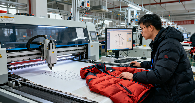 modern high-end jacket manufacturing factory in China, automated quilting machines, CAD pattern team at work, clean lighting, cinematic industrial photography