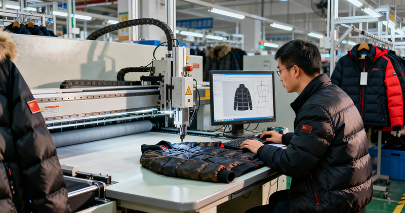 brand selecting winter jacket manufacturer, factory evaluation checklist, CAD team reviewing patterns, QC inspection process, modern apparel production, cinematic lighting