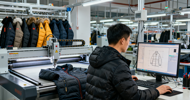 modern winter jacket manufacturing line in China, automated fabric inspection, workers using CAD systems, high-tech outerwear factory, cinematic lighting, clean production environment”