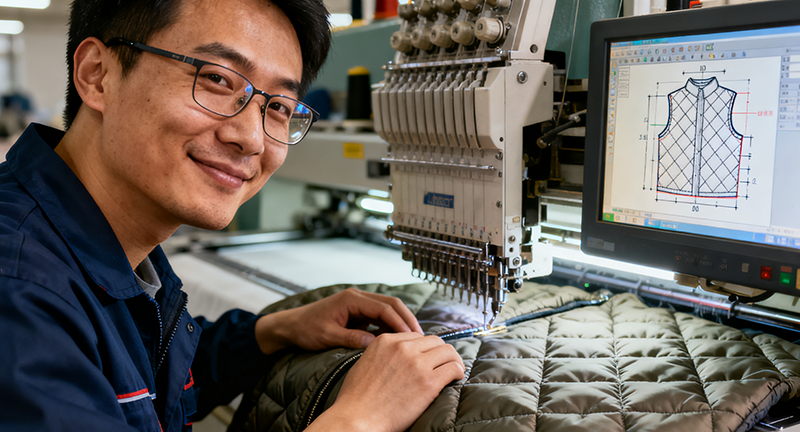 close-up of skilled technicians sewing winter jackets in China, CAD pattern on screen, quilting machines, high-precision outerwear production, cinematic style