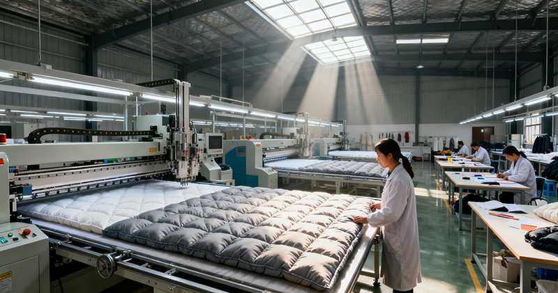 premium down jacket factory in China, automated quilting machines, workers inspecting insulation layers, CAD pattern team, cinematic photography, clean light