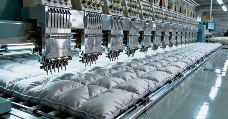 premium down jacket factory in China, automated quilting machines, workers inspecting insulation layers, CAD pattern team, cinematic photography, clean light