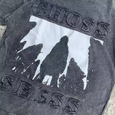 Custom Clothing Manufacturers Acid Wash Screen Print T-shirt Embroidery Patch