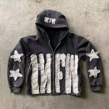 Custom Hoodie Manufacturers Applique Embroidery Full zip hoodies acid wash