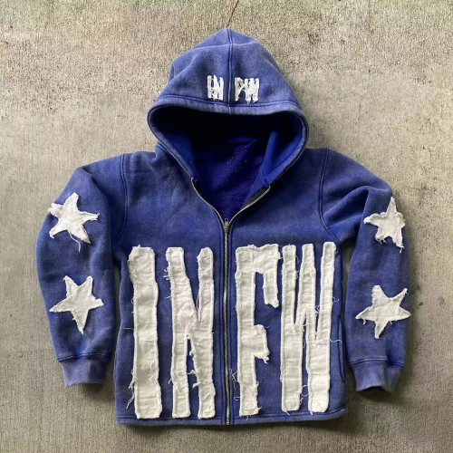 Custom Hoodie Manufacturers Applique Embroidery Full zip hoodies acid wash