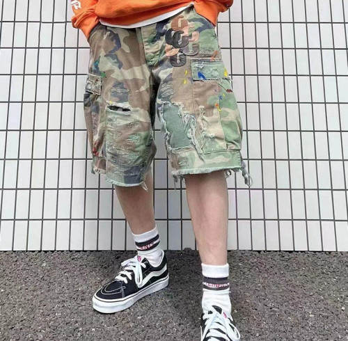 Custom Clothing Manufacturers Camouflage Applique Embroidery Raw Hem shorts