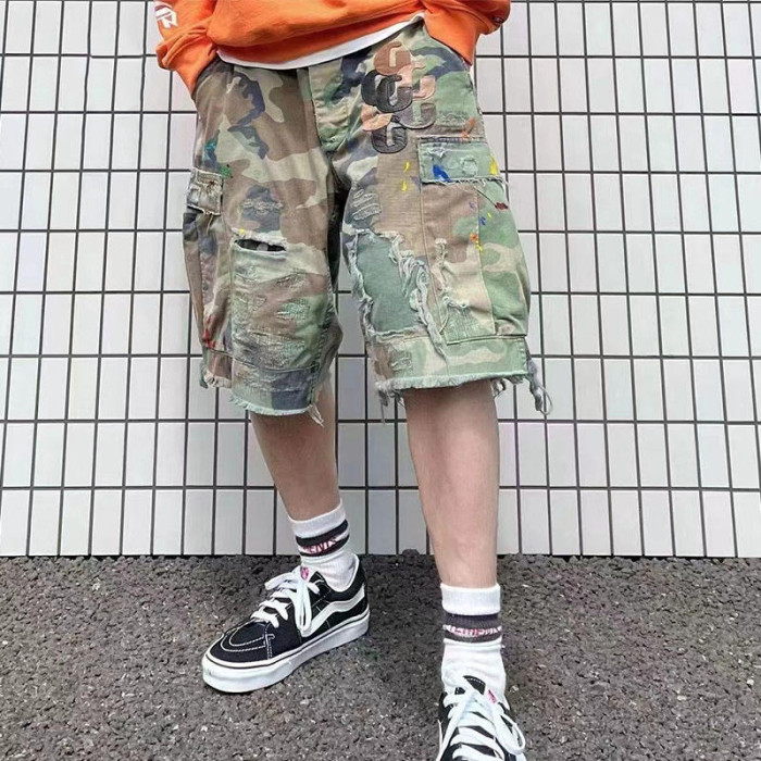 Custom Clothing Manufacturers Camouflage Applique Embroidery Raw Hem shorts