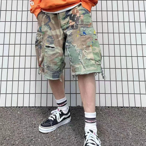 Custom Clothing Manufacturers Camouflage Applique Embroidery Raw Hem shorts