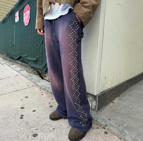 Custom Clothing Manufacturers Acid wash 100% cotton Rhinestone Pants