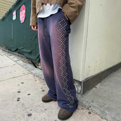 Custom Clothing Manufacturers Acid wash 100% cotton Rhinestone Pants