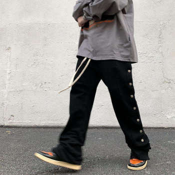 Custom Clothing Manufacturer Side Button Drawstring Waist Cotton Trousers