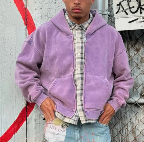 Custom Clothing Manufacturers Acid wash 100% Cotton Hoodies Flannel Zip up Hoodie