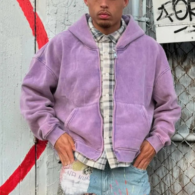 Custom Clothing Manufacturers Acid wash 100% Cotton Hoodies Flannel Zip up Hoodie