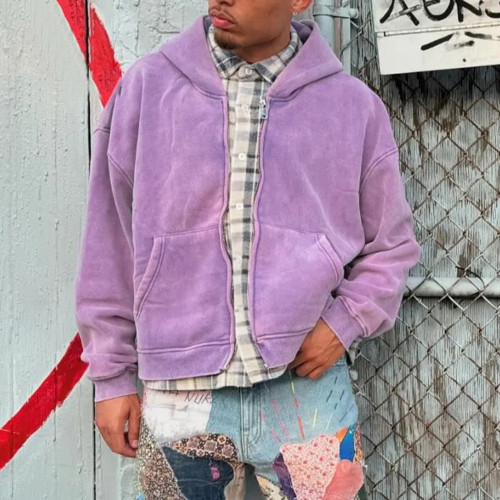 Custom Clothing Manufacturers Acid wash 100% Cotton Hoodies Flannel Zip up Hoodie