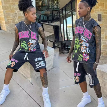 Custom Clothing Manufacturers sleeveless 2 Piece Screen Print Acid Wash Set