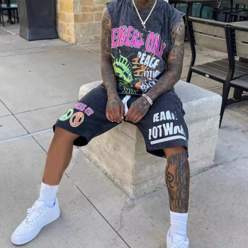 Custom Clothing Manufacturers sleeveless 2 Piece Screen Print Acid Wash Set