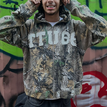 Custom Clothing Manufacturer Applique Embroidered Acid Wash Camouflage Hoodie