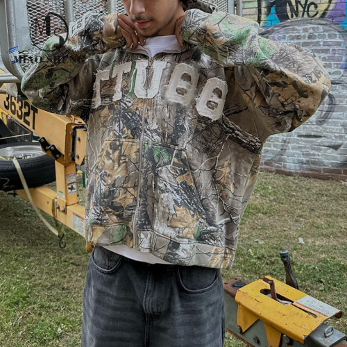 Custom Clothing Manufacturer Applique Embroidered Acid Wash Camouflage Hoodie