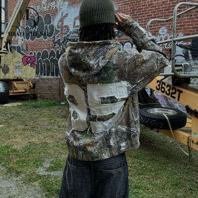 Custom Clothing Manufacturer Applique Embroidered Acid Wash Camouflage Hoodie