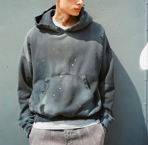 Custom Clothing Manufacturer Acid Washed Distressed Ink Splash Print Hoodie