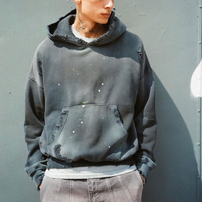 Custom Clothing Manufacturer Acid Washed Distressed Ink Splash Print Hoodie
