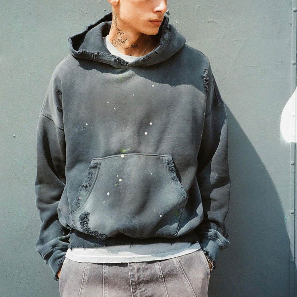Custom Clothing Manufacturer Acid Washed Distressed Ink Splash Print Hoodie