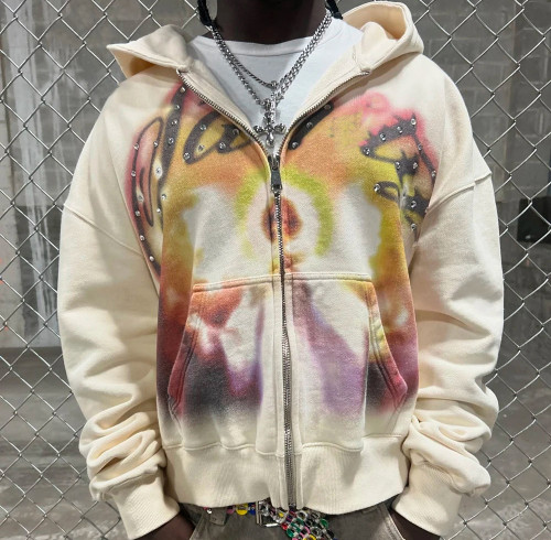 Custom Clothing Manufacturers Thermal Diamond Screen Printed Zipper Hoodie