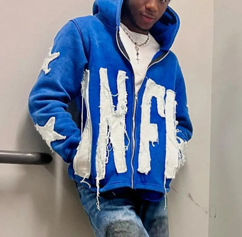 Custom Clothing Manufacturer Applique Embroidery Acid Wash Zipper Hoodie