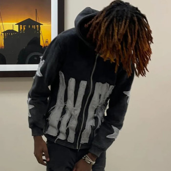 Custom Clothing Manufacturer Applique Embroidery Acid Wash Zipper Hoodie