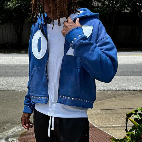 Custom Clothing Manufacturer Rivet Hem Acid Wash Applique Embroidery Hoodie
