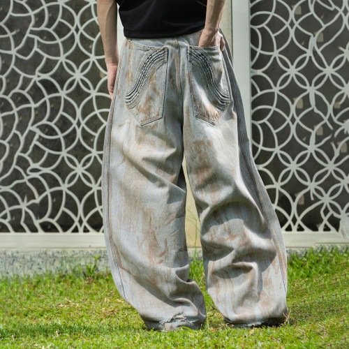 Custom Clothing Manufacturer Dirty Wide Leg Leisure Jeans