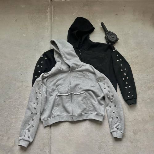Custom Clothing Manufacturer Applique Embroidery Rivet Raw Hoodie