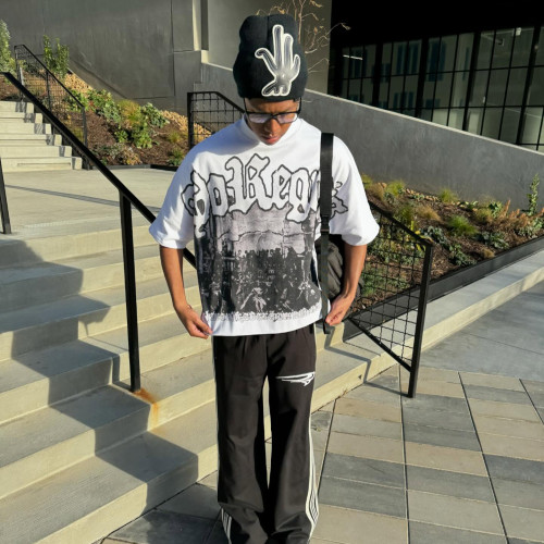 Custom Clothing Manufacturer Screen Printed 100% Cotton Drop Shoulder T-Shirt