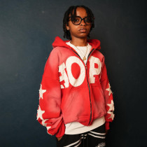 Custom Clothing Manufacturers Appliqué Embroidery Acid Wash Zip-up Hoodie