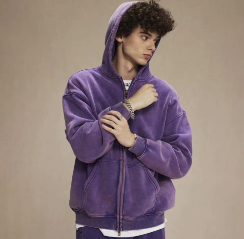 Custom Clothing Manufacturers Acid Wash Zipper Drop Shoulder Hoodie