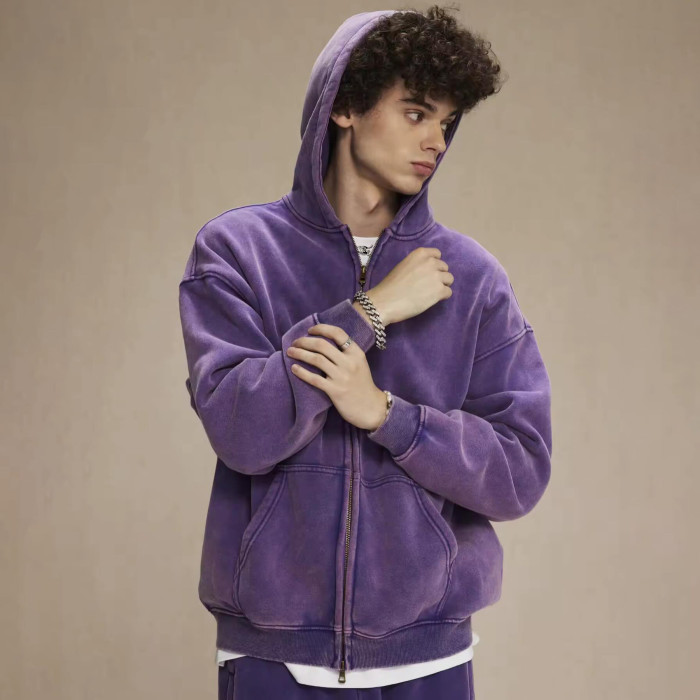Custom Clothing Manufacturers Acid Wash Zipper Drop Shoulder Hoodie