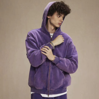 Custom Clothing Manufacturers Acid Wash Zipper Drop Shoulder Hoodie