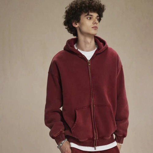 Custom Clothing Manufacturers Acid Wash Zipper Drop Shoulder Hoodie